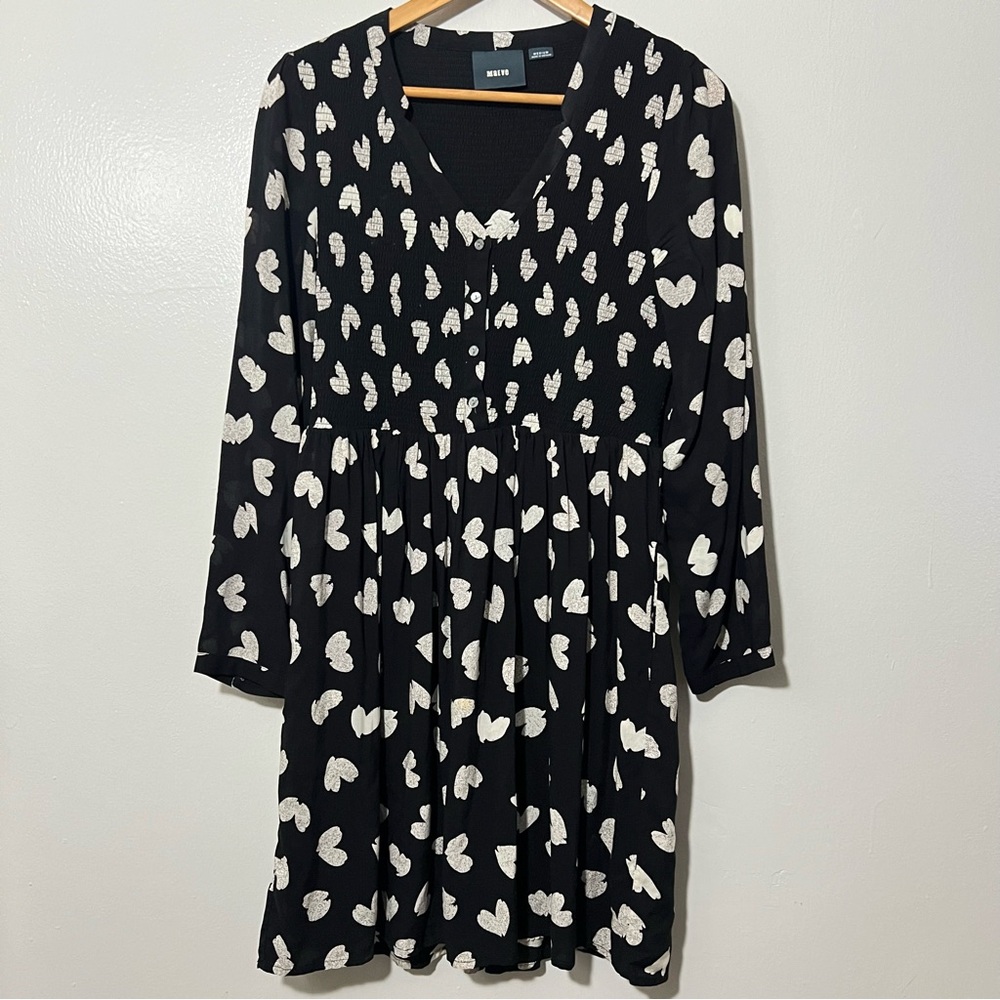 Anthro Maeve Heart Black White Long Sleeved Smocked Button Down Mini Dress Sz M
